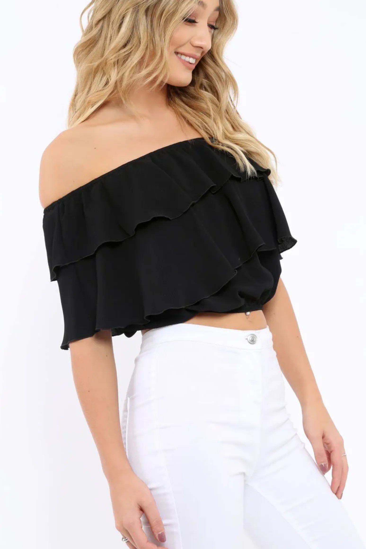 Rebellious Fashion Black Bardot Frill Crop Top - Laila