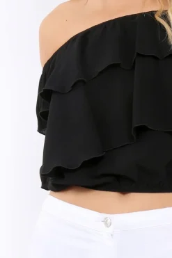 Rebellious Fashion Black Bardot Frill Crop Top - Laila