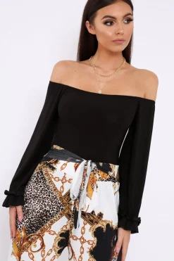 Rebellious Fashion Black Bardot Frill Flare Sleeve Bodysuit - Sofiya