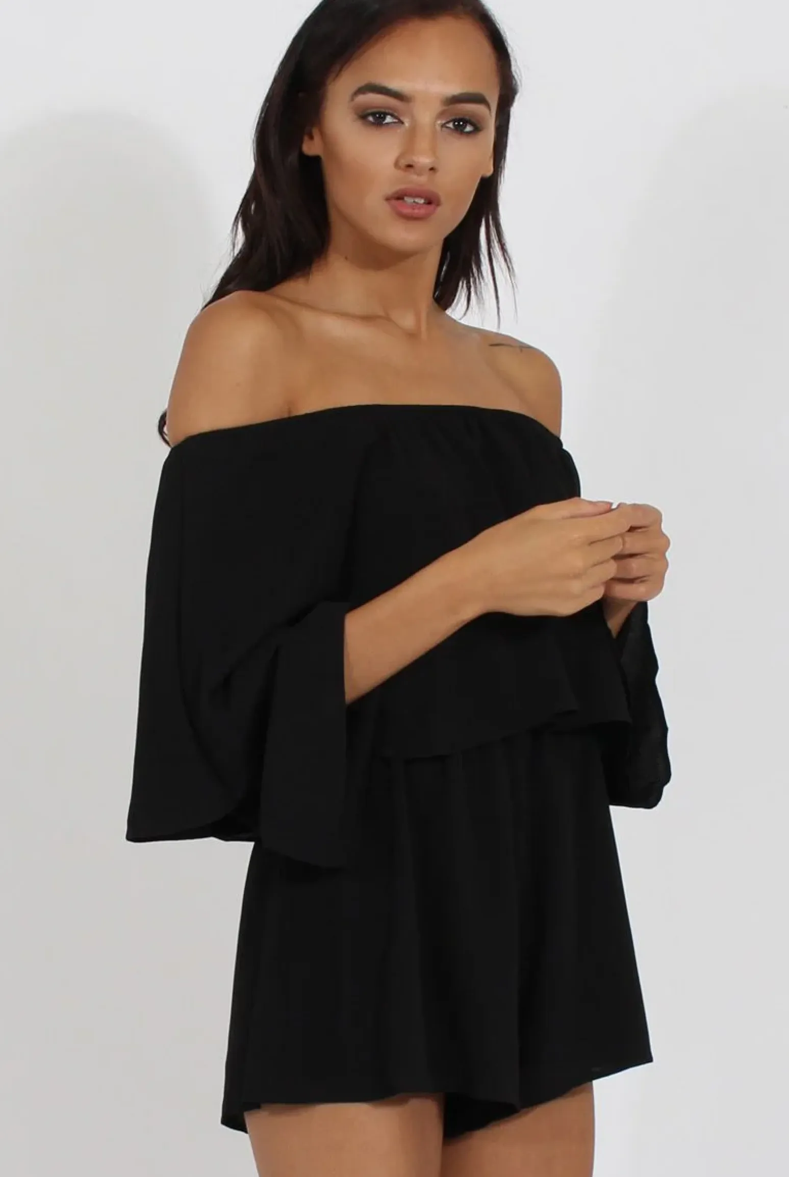 Rebellious Fashion Black Bardot Frill Layer Playsuit - Ema