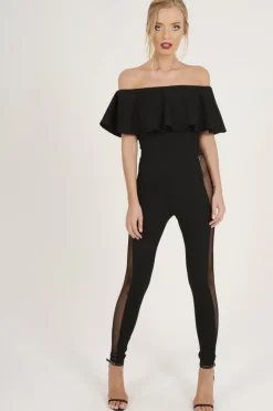 Rebellious Fashion Black Bardot Frill Mesh Sides Jumpsuit - Bronwyn