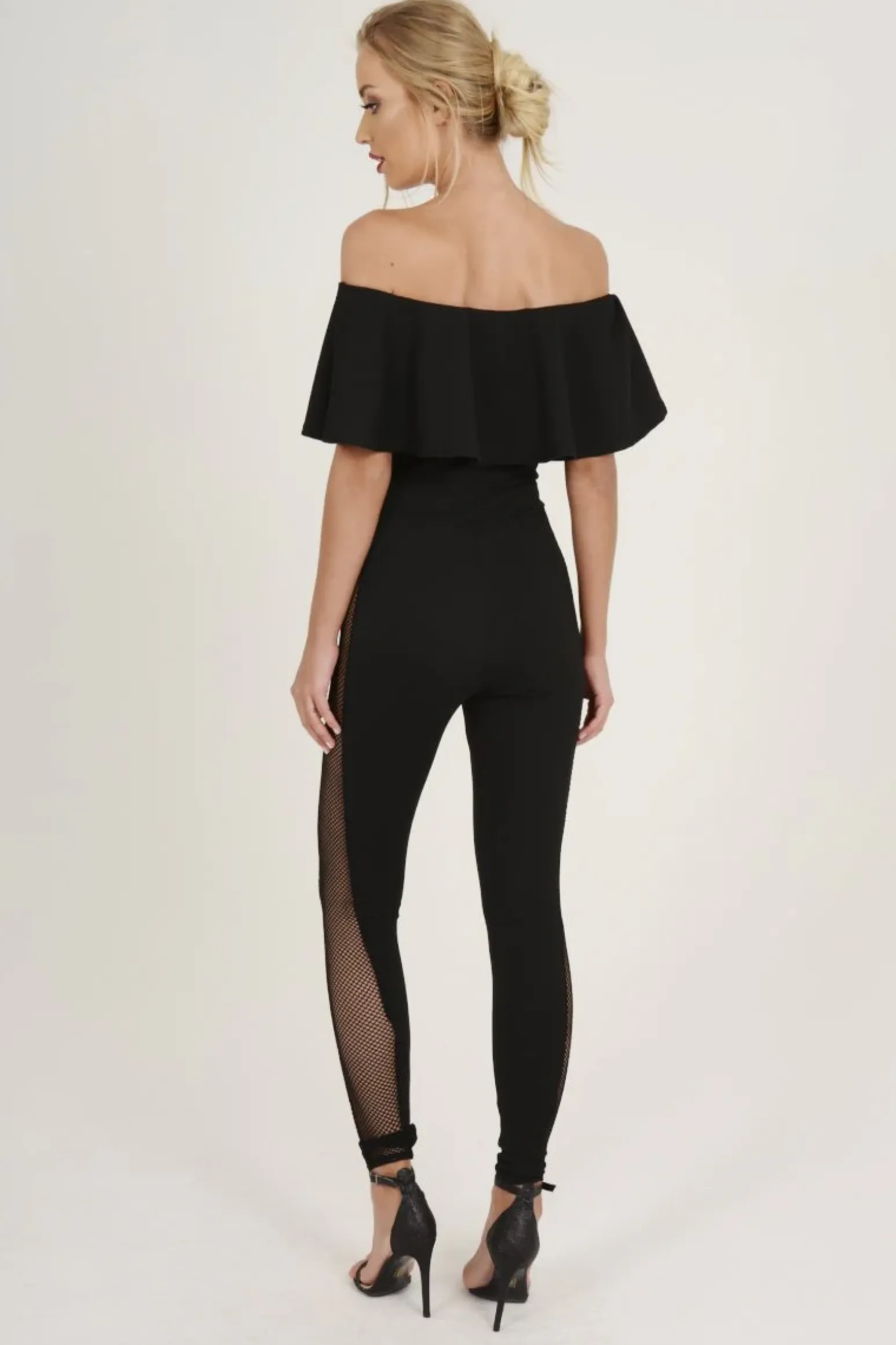 Rebellious Fashion Black Bardot Frill Mesh Sides Jumpsuit - Bronwyn