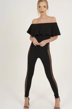 Rebellious Fashion Black Bardot Frill Mesh Sides Jumpsuit - Bronwyn
