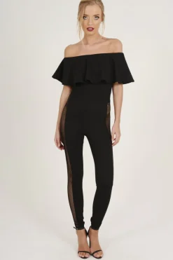 Rebellious Fashion Black Bardot Frill Mesh Sides Jumpsuit - Bronwyn