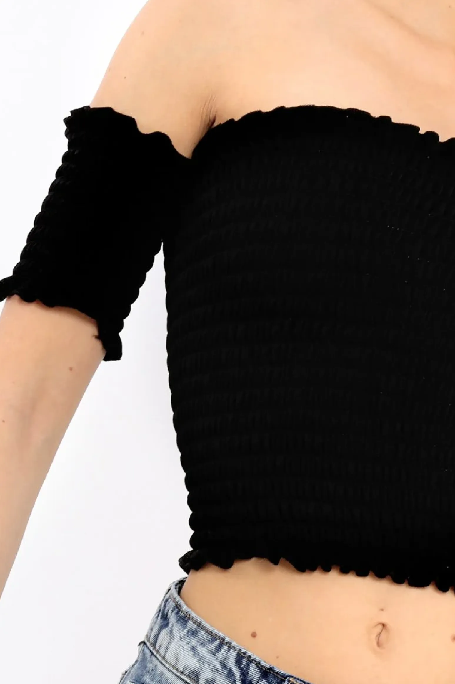 Rebellious Fashion Black Bardot Frill Shirred Crop Top - Kailah
