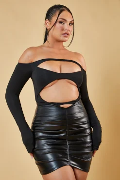 Rebellious Fashion Black Bardot Front Cut Out Bodysuit - Heather