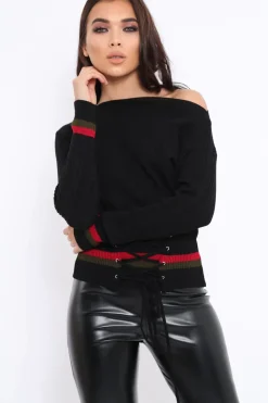 Rebellious Fashion Black Bardot Jumper with Stripe and Corset Tie Detail - Sandie