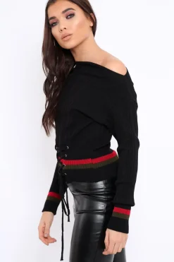 Rebellious Fashion Black Bardot Jumper with Stripe and Corset Tie Detail - Sandie