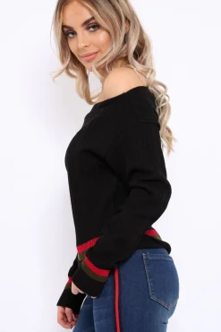 Rebellious Fashion Black Bardot Jumper with Stripe Detail - Falon