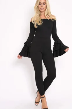 Rebellious Fashion Black Bardot Jumpsuit with Tiered Flared Sleeves - Vivianne