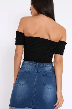 Rebellious Fashion Black Bardot Lace Up Frill Shirred Crop Top - Linsa