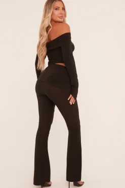 Rebellious Fashion Black Bardot Long Sleeve Top & Flared Leg Trousers Co-ord Set - Liva