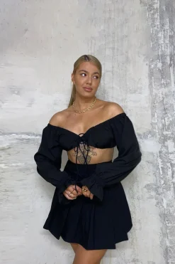 Rebellious Fashion Black Bardot Puff Sleeve Tie Crop Top - Kariel
