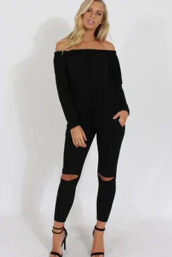 Rebellious Fashion Black Bardot Ripped Knee Jumpsuit - Betty