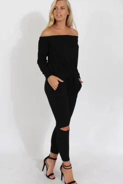 Rebellious Fashion Black Bardot Ripped Knee Jumpsuit - Betty