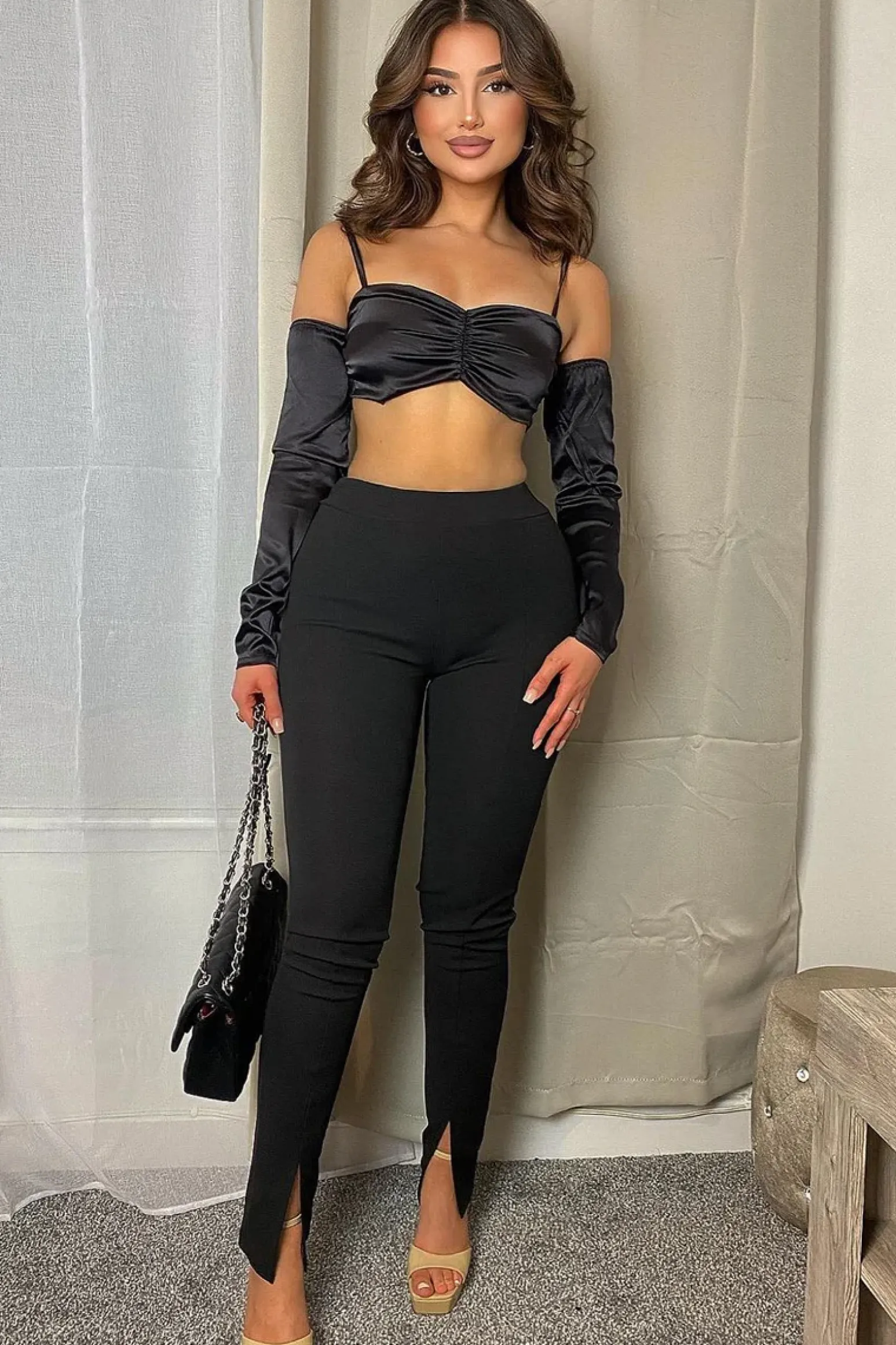 Rebellious Fashion Black Bardot Satin Crop Top - Alana