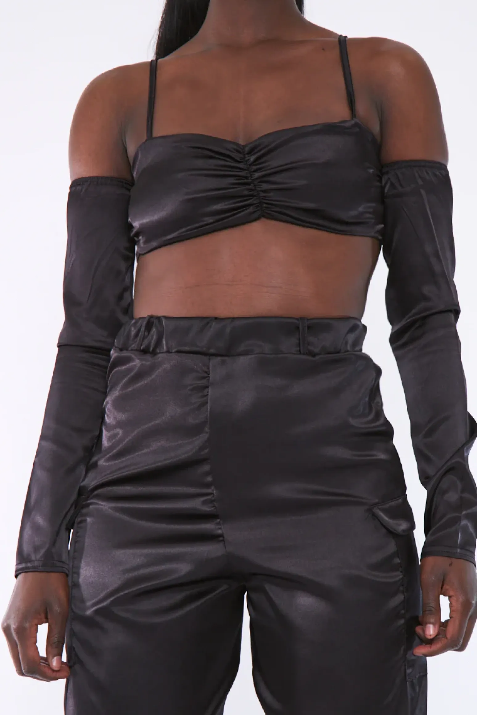 Rebellious Fashion Black Bardot Satin Crop Top - Alana