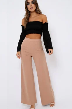 Rebellious Fashion Black Bardot Shirred Crop Top with Flared Sleeves - Shera