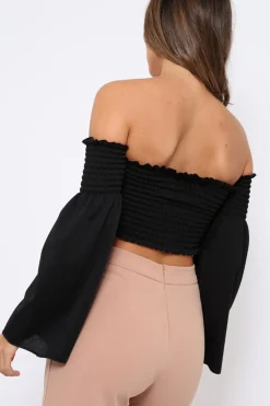 Rebellious Fashion Black Bardot Shirred Crop Top with Flared Sleeves - Shera