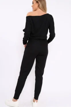 Rebellious Fashion Black Bardot Sweatshirt and Joggers Loungewear Set - Marnie