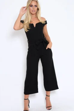 Rebellious Fashion Black Bardot V Dip Jumpsuit - Lisah