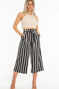 Rebellious Fashion Black Beige Stripe Tie Front Culotte Trousers - Kaden