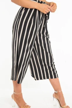 Rebellious Fashion Black Beige Stripe Tie Front Culotte Trousers - Kaden