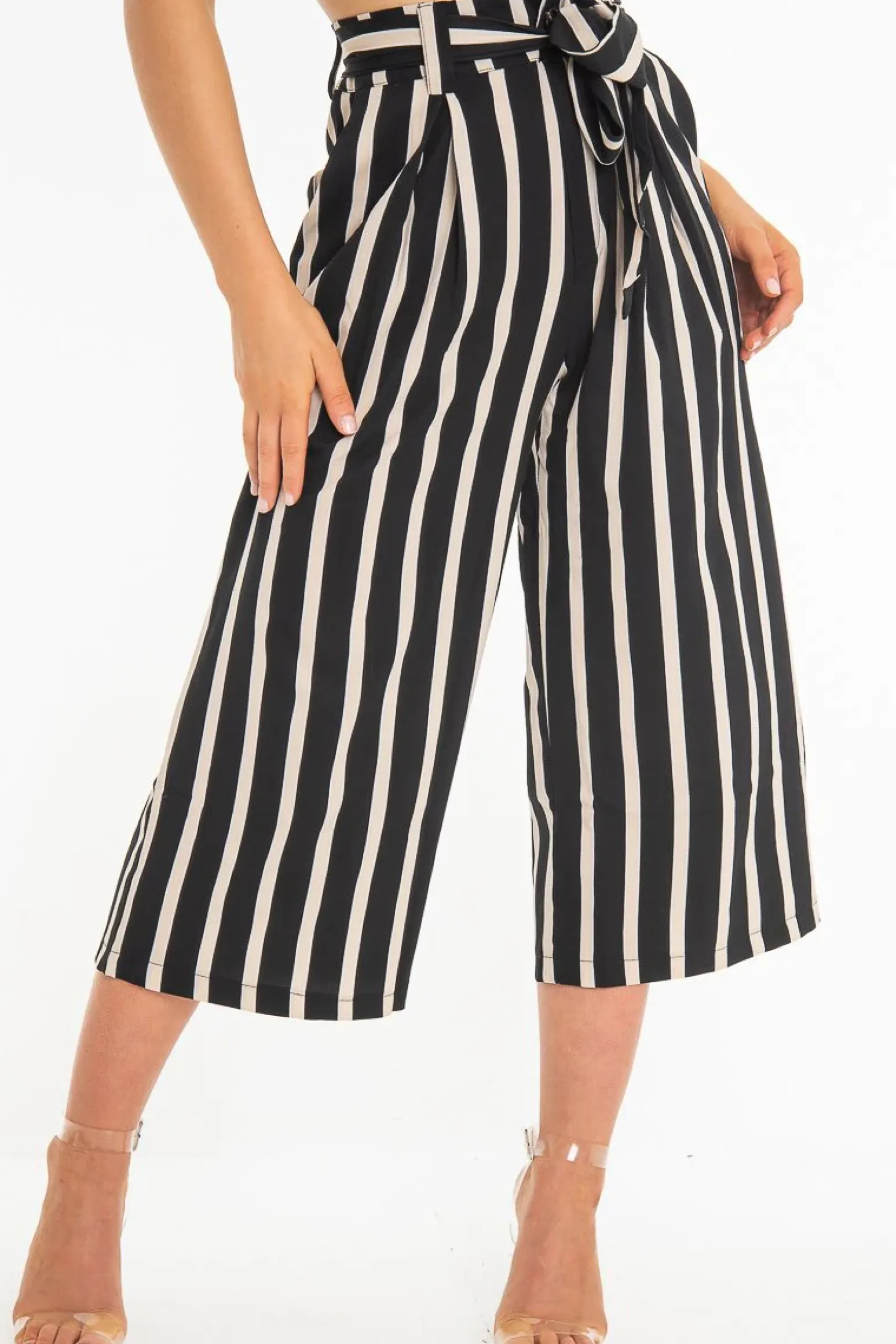Rebellious Fashion Black Beige Stripe Tie Front Culotte Trousers - Kaden
