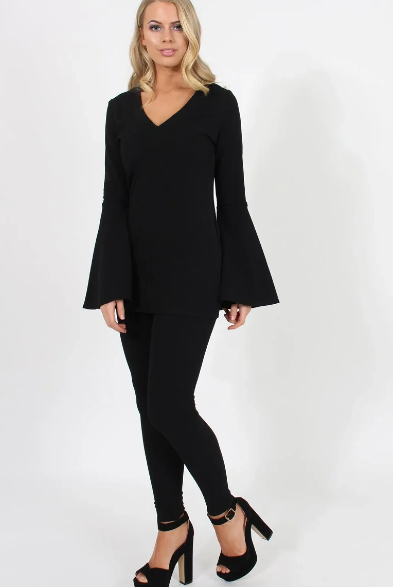 Rebellious Fashion Black Bell Sleeve Two Piece - Terry