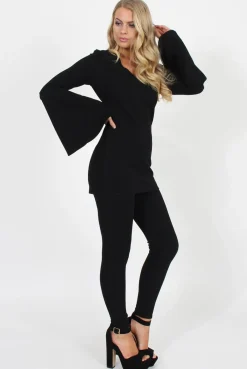 Rebellious Fashion Black Bell Sleeve Two Piece - Terry