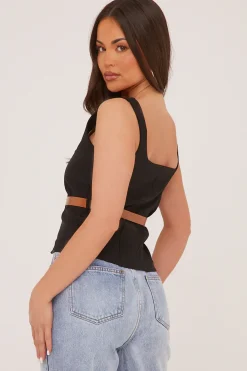 Rebellious Fashion Black Belt Detail Square Neck Sleeveless Top - Lucee