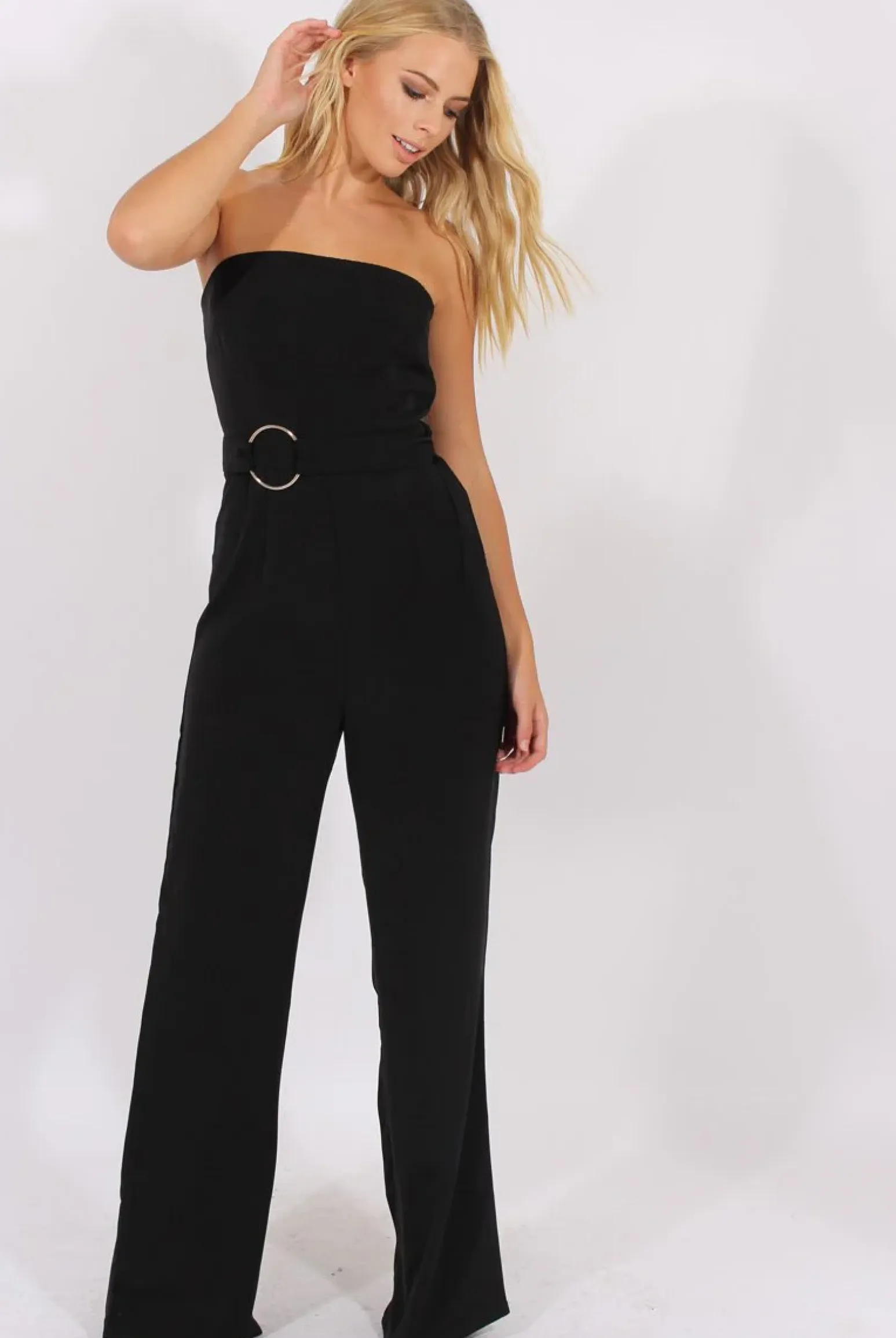 Rebellious Fashion Black Belted Bandeau Wide Leg Jumpsuit - Geneva