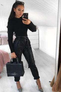 Rebellious Fashion Black Belted Croc Print Tapered Trousers - Aasia