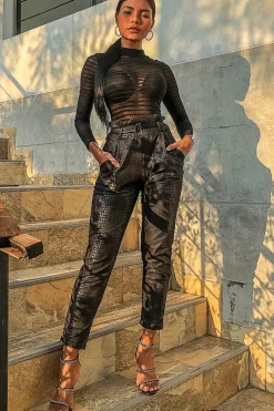 Rebellious Fashion Black Belted Croc Print Tapered Trousers - Aasia