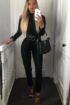 Rebellious Fashion Black Belted Croc Print Tapered Trousers - Aasia