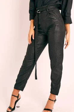 Rebellious Fashion Black Belted Croc Print Tapered Trousers - Aasia