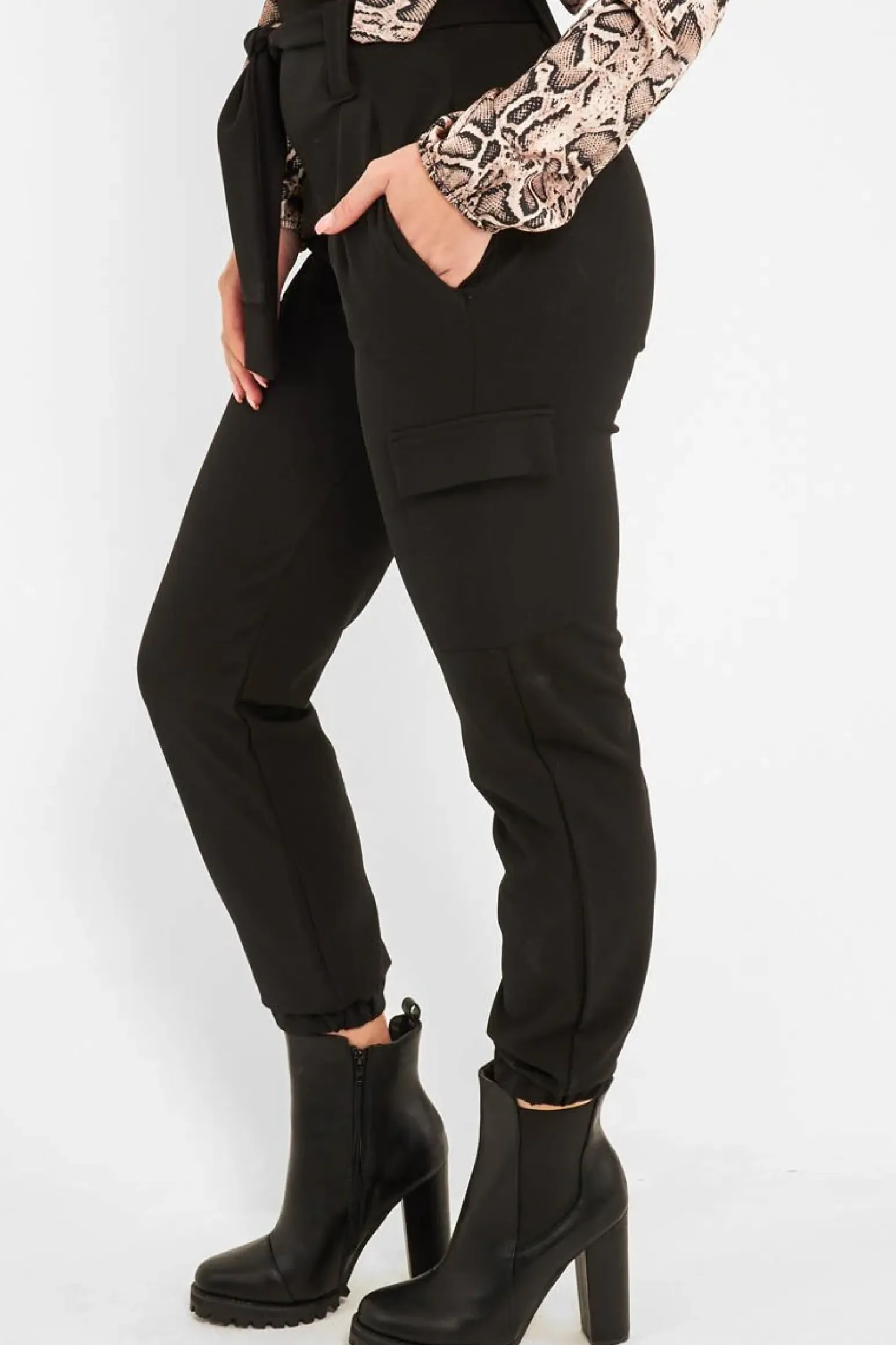 Rebellious Fashion Black Belted Pocket Detail Cargo Trousers - Adalina