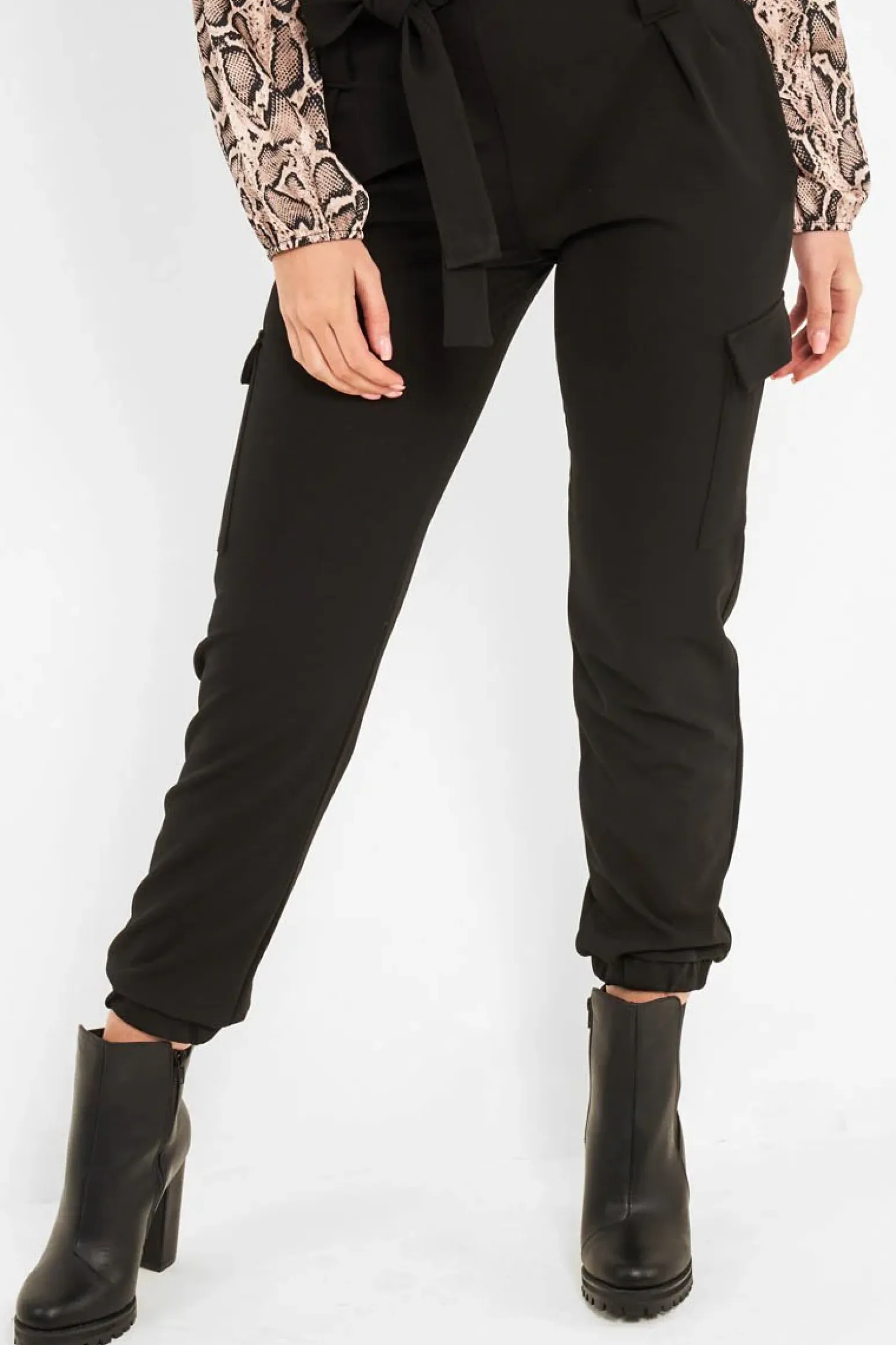 Rebellious Fashion Black Belted Pocket Detail Cargo Trousers - Adalina