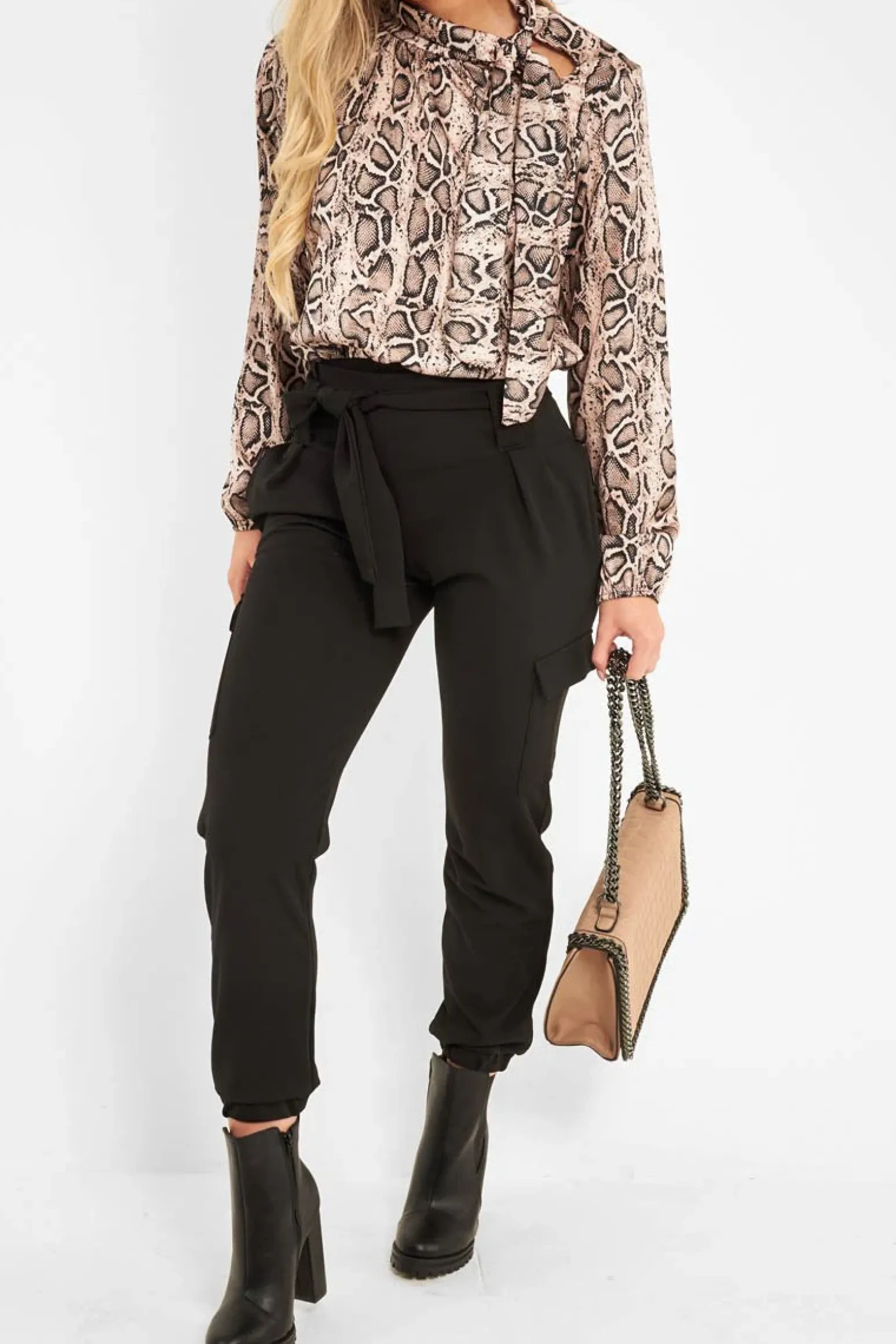 Rebellious Fashion Black Belted Pocket Detail Cargo Trousers - Adalina