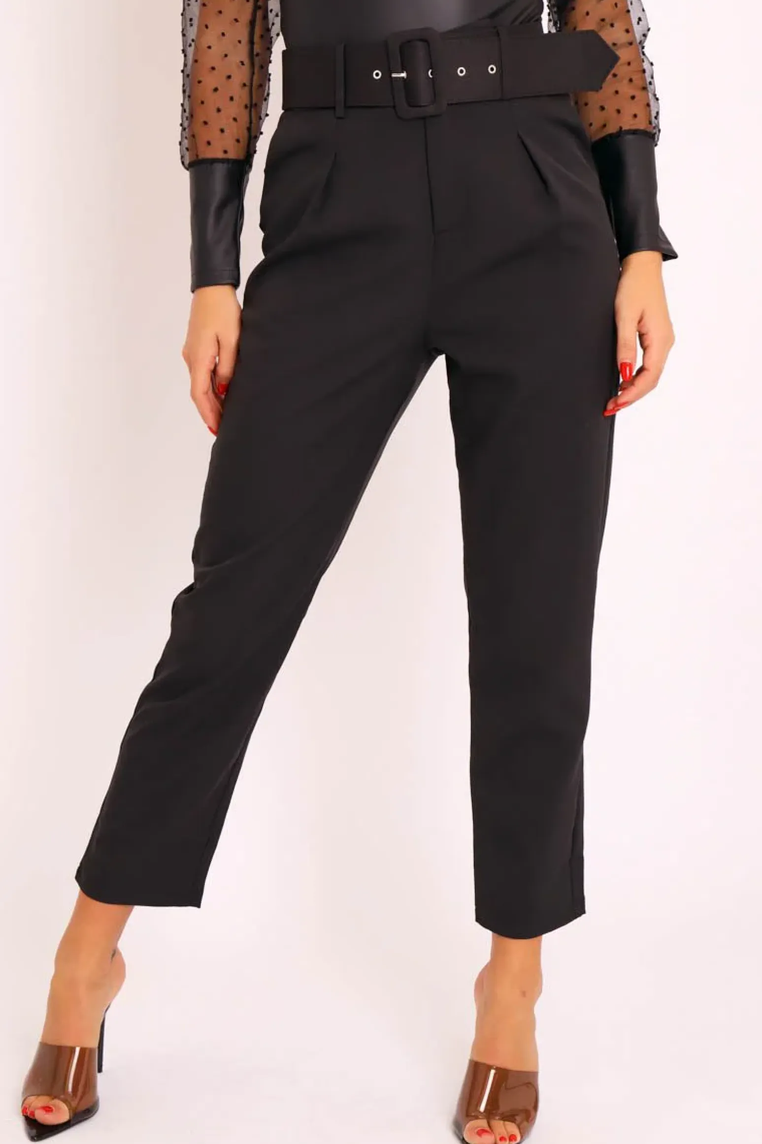 Rebellious Fashion Black Belted Tapered Peg Trousers - Jessika