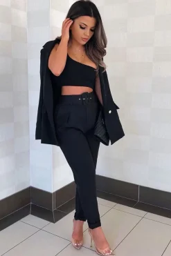Rebellious Fashion Black Belted Tapered Peg Trousers - Jessika