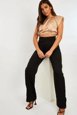 Rebellious Fashion Black Belted Waist Wide Leg Trouser - Kaena