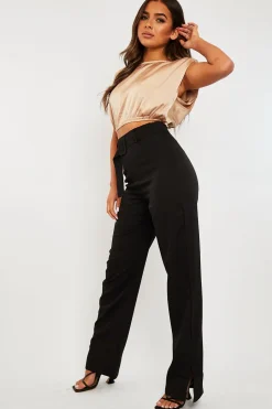 Rebellious Fashion Black Belted Waist Wide Leg Trouser - Kaena