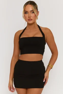 Rebellious Fashion Black Bengaline Halter Top and Mini Skirt Co-Ord - Nancy