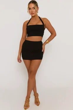 Rebellious Fashion Black Bengaline Halter Top and Mini Skirt Co-Ord - Nancy