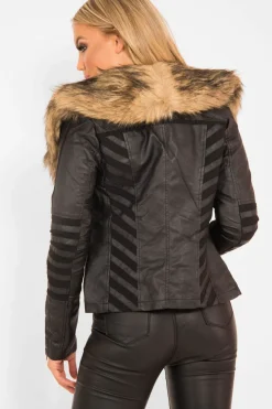 Rebellious Fashion Black Biker Faux Fur Collar Jacket - Kaydi