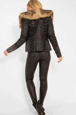 Rebellious Fashion Black Biker Faux Fur Collar Jacket - Kaydi