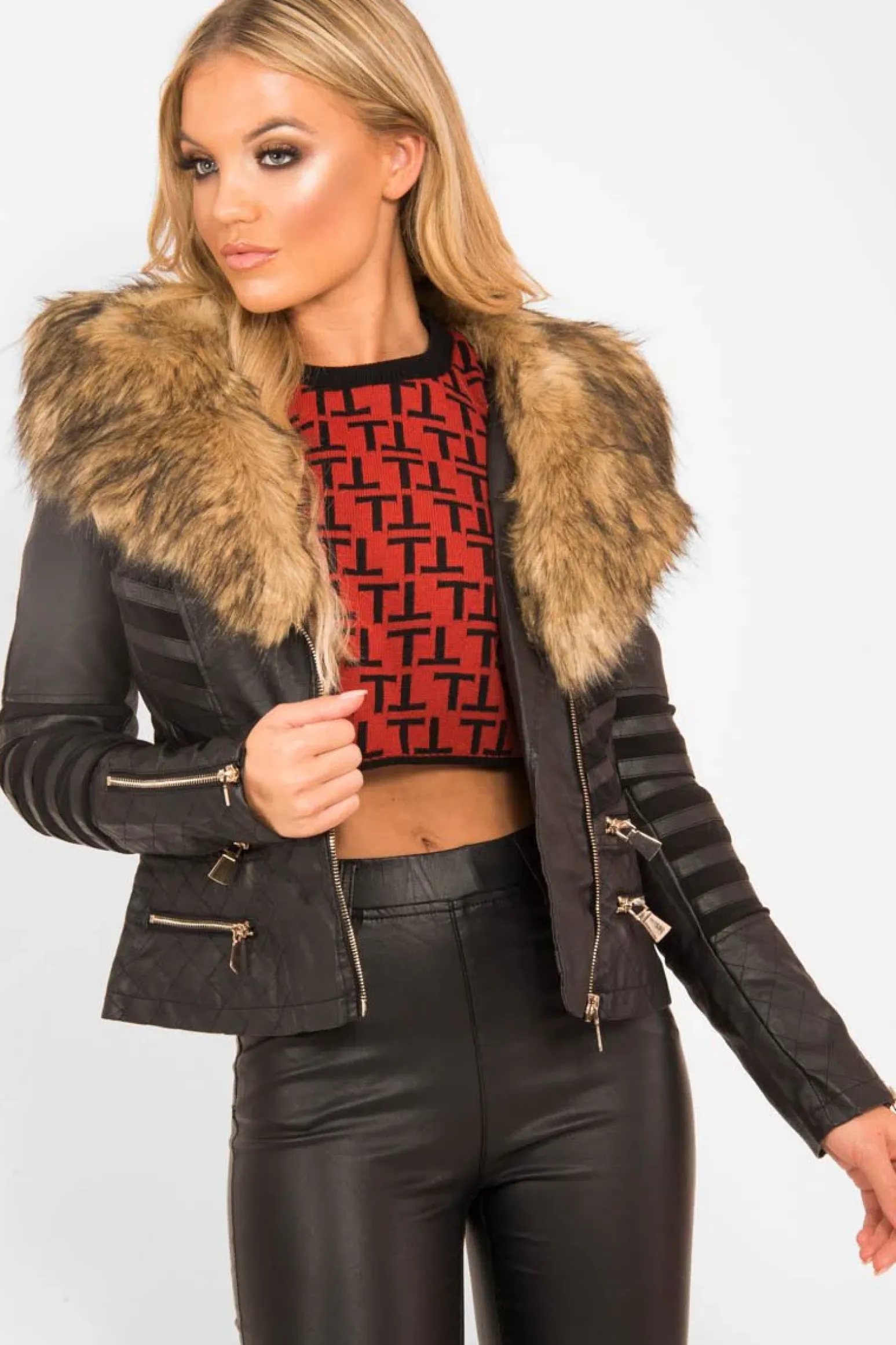 Rebellious Fashion Black Biker Faux Fur Collar Jacket - Kaydi