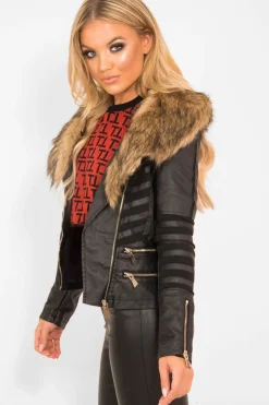 Rebellious Fashion Black Biker Faux Fur Collar Jacket - Kaydi