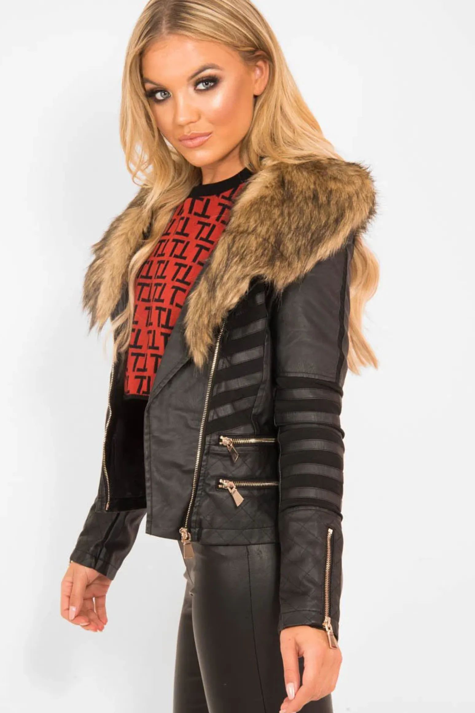 Rebellious Fashion Black Biker Faux Fur Collar Jacket - Kaydi